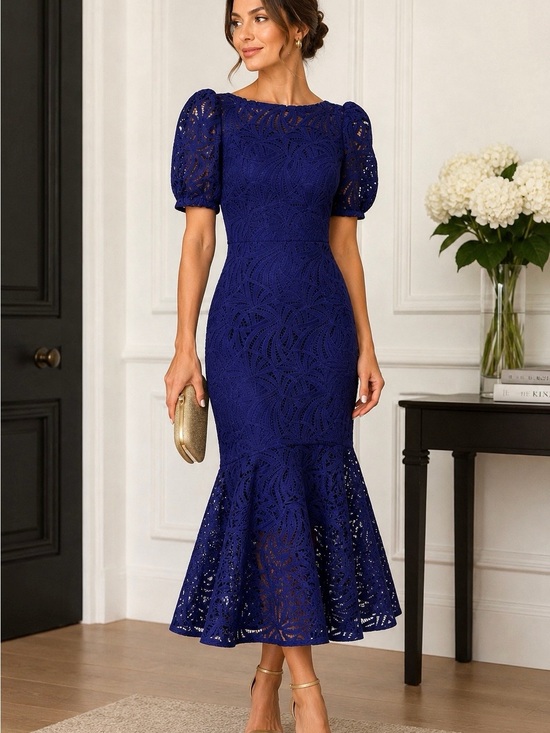 Kay Unger Dresses & Skirts - Kay Unger Royal Blue Lace Dress with Puff Sleeves Size 6 NWT Bridal Evening Wear